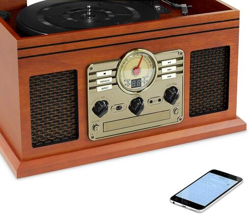 Victrola Ashford - مشغل تسجيل بلوتوث بحزام ثلاثي السرعات مع قرص مضغوط وكاسيت وراديو FM ومكبرات صوت ستيريو مدمجة ومدمجة (الماهوجني) in Saudi Arabia