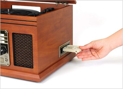 Victrola Ashford - مشغل تسجيل بلوتوث بحزام ثلاثي السرعات مع قرص مضغوط وكاسيت وراديو FM ومكبرات صوت ستيريو مدمجة ومدمجة (الماهوجني) in Saudi Arabia