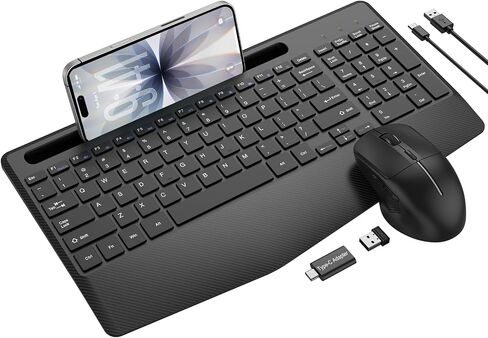 Rechargeable Silent Wireless Keyboard and Mouse Combo, Ergonomic Wrist Rest & Phone Tablet Holder, USB-C Adapter Included, 2.4G Lag-Free Cordless Set for Windows Mac Laptop PC Home Office (Black) in Saudi Arabia