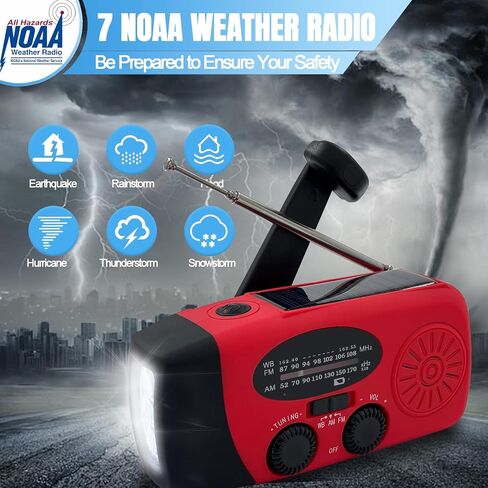 راديو الطقس في حالات الطوارئ، راديو كرنك اليد بالطاقة الشمسية AM/FM NOAA 2000 مللي أمبير في الساعة باللون الأحمر in Saudi Arabia