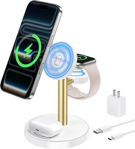 محطة شحن لاسلكية سريعة 3 في 1 من Aeinidi لأجهزة Apple، حامل شحن مغناطيسي قوي 15 وات متوافق مع شاحن MagSafe لهاتف iPhone 17 16 15 14 13 12 سلسلة Apple Watch AirPods، يتضمن محول in Saudi Arabia