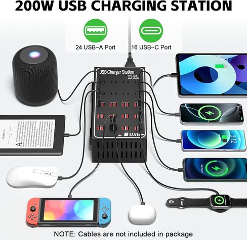 200W 40A USB Charging Station for Multiple Devices, 40 Port Fast USB Charger Block, Desktop Wall Fast Charger with Intelligent Protection, USΒ Power Strip Suitable for Home Office School in Saudi Arabia