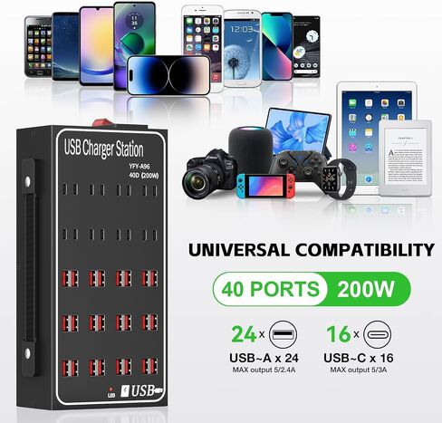 200W 40A USB Charging Station for Multiple Devices, 40 Port Fast USB Charger Block, Desktop Wall Fast Charger with Intelligent Protection, USΒ Power Strip Suitable for Home Office School in Saudi Arabia
