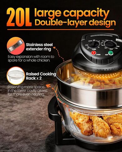 20L Black Glass Air Fryer Oven, Halogen Infrared Convection Countertop Cooker, Large Capacity Healthy Air Fryer for Fries, Chicken and More in Saudi Arabia
