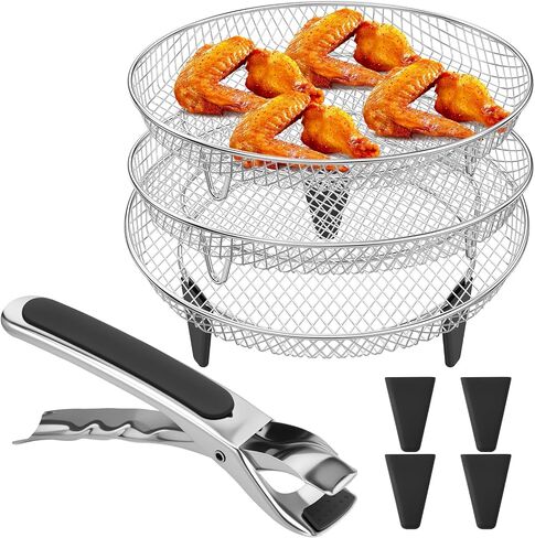 7.8 Inch Round Air Fryer Racks Accessories, 3-Layer Stackable Dehydrator Racks Stainless Steel Airfryer Basket Rack Air Fryer Accessories Fit for 4QT 6 QT Air Fryer in Saudi Arabia
