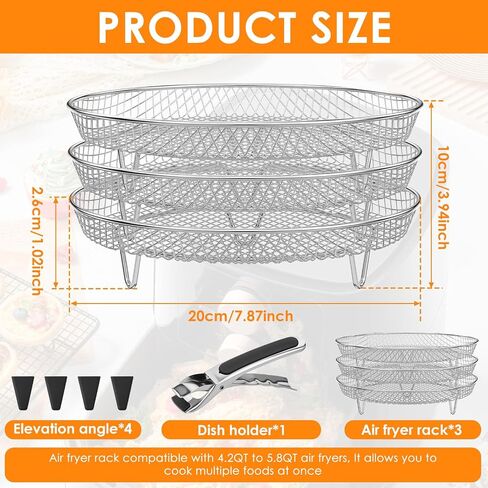 7.8 Inch Round Air Fryer Racks Accessories, 3-Layer Stackable Dehydrator Racks Stainless Steel Airfryer Basket Rack Air Fryer Accessories Fit for 4QT 6 QT Air Fryer in Saudi Arabia