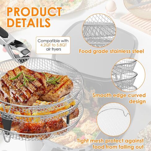 7.8 Inch Round Air Fryer Racks Accessories, 3-Layer Stackable Dehydrator Racks Stainless Steel Airfryer Basket Rack Air Fryer Accessories Fit for 4QT 6 QT Air Fryer in Saudi Arabia