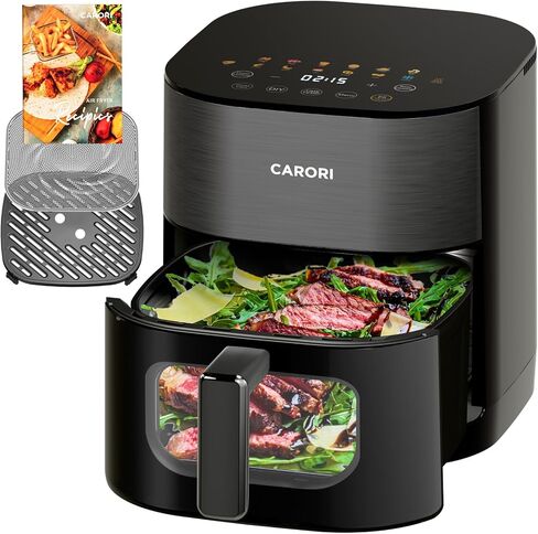 CARORI 6 Qt Dual Heat Air Fryer with Viewing Window, 14 Presets, 1700W, No-Flip Top and Bottom Heating, 392°F Max, Nonstick Dishwasher-Safe Basket, Black in Saudi Arabia
