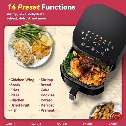 CARORI 6 Qt Dual Heat Air Fryer with Viewing Window, 14 Presets, 1700W, No-Flip Top and Bottom Heating, 392°F Max, Nonstick Dishwasher-Safe Basket, Black in Saudi Arabia