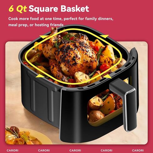CARORI 6 Qt Dual Heat Air Fryer with Viewing Window, 14 Presets, 1700W, No-Flip Top and Bottom Heating, 392°F Max, Nonstick Dishwasher-Safe Basket, Black in Saudi Arabia