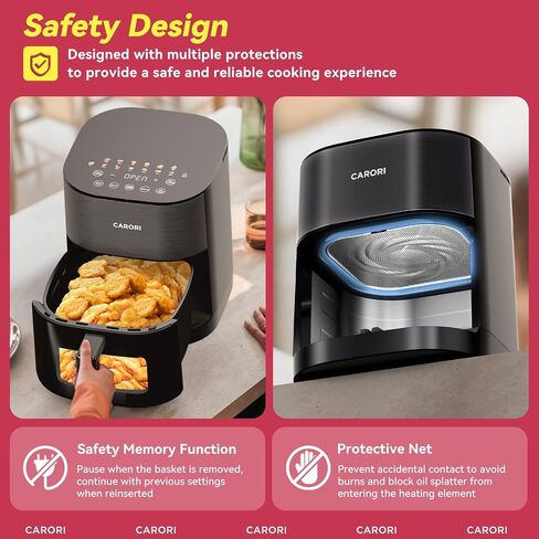 CARORI 6 Qt Dual Heat Air Fryer with Viewing Window, 14 Presets, 1700W, No-Flip Top and Bottom Heating, 392°F Max, Nonstick Dishwasher-Safe Basket, Black in Saudi Arabia