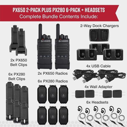 Cobra Business Radio Bundle – 8 Professional Walkie Talkies (6 PX280, 2 PX650) + 6 Headsets - Compact Long-Range Two-Way Radios, Dock Chargers, IP54 Durable, Rechargeable in Saudi Arabia