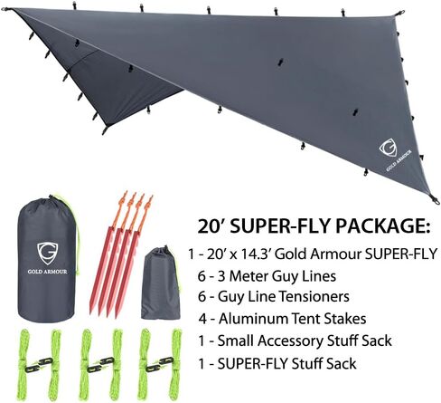 أرجوحة Gold Armor Rainfly Tarp، غطاء ممتاز لذبابة المطر مقاس 20 قدمًا × 14.3 قدمًا، مظلة مأوى للتخييم خفيفة الوزن ومقاومة للماء، يجب أن تحتوي على ملحقات التخييم الأساسية للتخييم (رمادي) in Saudi Arabia