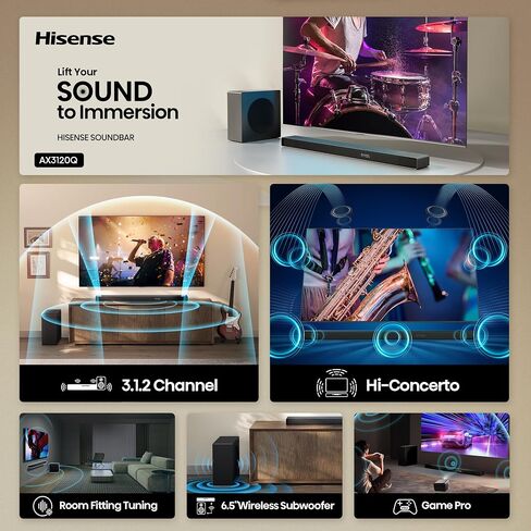 شريط صوت Hisense AX3120Q 3.1.2Ch مع مضخم صوت لاسلكي، Dolby Atmos، DTS:X، Bluetooth 5.3، Roku TV Ready، HDMI/AUX/ARC/Optical/USB، EzPlay 3.0، 7 أوضاع EQ، Hi Concerto (متجدد) in Saudi Arabia