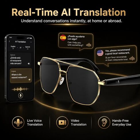 AI Translator Aviator Smart Glasses—Hands-Free Voice Translation in 164 Languages,Bluetooth Audio&Voice Assistant,UV400 Classic Sunglasses,IP67 Waterproof Smart Eyewear for Travel in Saudi Arabia