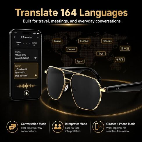 AI Translator Aviator Smart Glasses—Hands-Free Voice Translation in 164 Languages,Bluetooth Audio&Voice Assistant,UV400 Classic Sunglasses,IP67 Waterproof Smart Eyewear for Travel in Saudi Arabia