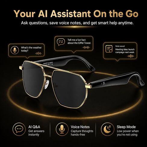 AI Translator Aviator Smart Glasses—Hands-Free Voice Translation in 164 Languages,Bluetooth Audio&Voice Assistant,UV400 Classic Sunglasses,IP67 Waterproof Smart Eyewear for Travel in Saudi Arabia