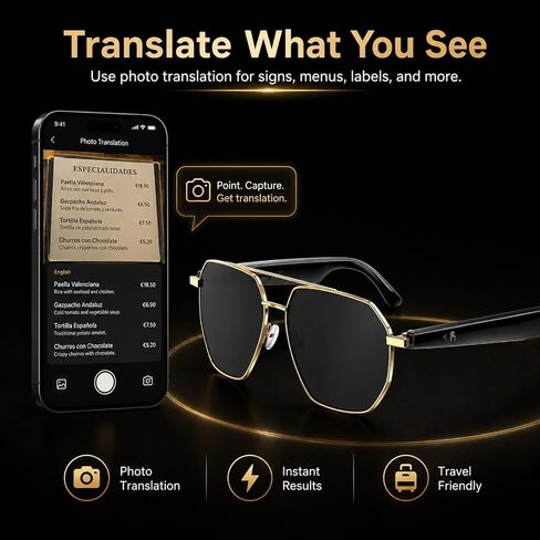 AI Translator Aviator Smart Glasses—Hands-Free Voice Translation in 164 Languages,Bluetooth Audio&Voice Assistant,UV400 Classic Sunglasses,IP67 Waterproof Smart Eyewear for Travel in Saudi Arabia