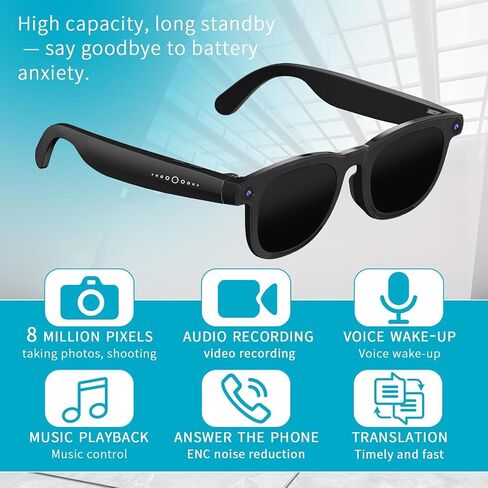 AI Smart Glasses with Camera, 8MP HD Camera Glasses for Men, Women, AI Recording Glasses with Voice Assistant, Open-Ear Audio, Real-Time Translation, Video Recording Sunglasses for Life & Travel in Saudi Arabia