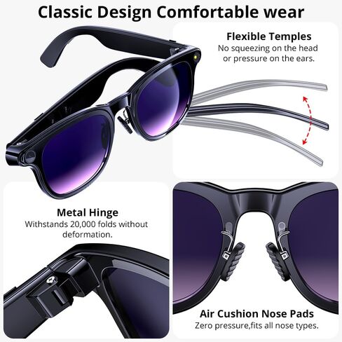 AI Smart Glasses: 8MP stabilized Camera, 30+ Language Real-time Translation, ChatGPT AI, Object Recognition, 300mAh, Type-C, 2 Lenses, BT6.0 Open-Ear Audio. for vlog, Travel & Business. in Saudi Arabia