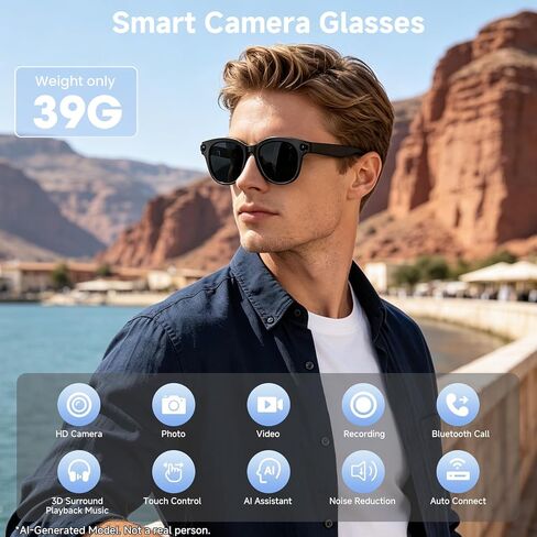 AI Smart Glasses with Camera, HD Bluetooth Camera Glasses with Audio, Video Recording Sunglasses for Women Men, Real Time Translation, Voice Assistant, Open Earbuds for Travel, Work Vlog in Saudi Arabia