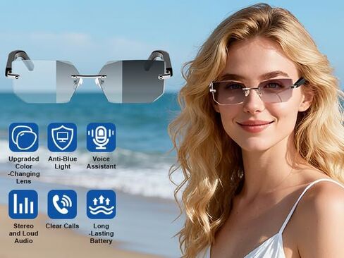 Bluetooth Audio Smart Glasses, Blue Light Glasses for Women Men, Open Ear Sound Mic & Speakers, Magnetic Charging, Color-Changing Polarized Sunglasses Lenses, Voice Assistant (Change) in Saudi Arabia