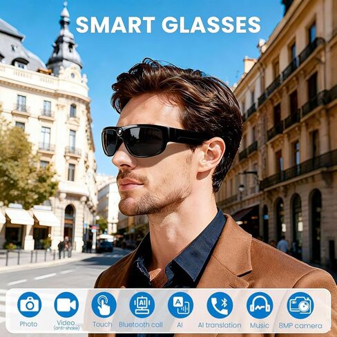 Smart Glasses with Camera Bluetooth Ai Recording Sunglasses for men women | Camera Glasses Video Recording 156 Languages Free Translation wearable tech safety glasses with speakers for Meeting,Travel in Kuwait