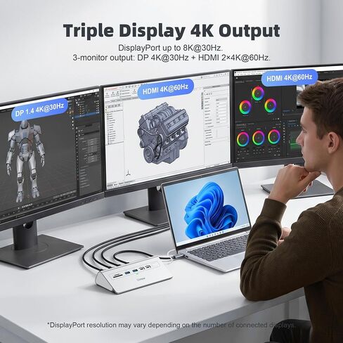 محطة إرساء 3 شاشات، محطة إرساء intpw 13 في 1 USB C مع 8K DP + 2 HDMI 4K@60 هرتز، 10 جيجابت في الثانية USB A/C، 2 PD 45W، RJ45، SD/TF، ​​صوت، محول 65 واط + كابل 4FT، محطة إرساء كمبيوتر محمول لأجهزة Mac/Dell/HP in Saudi Arabia