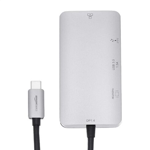 محول Amazon Basics 4 في 1 USB-C مع HDMI ومنفذ Ethernet وUSB 3.0 وشحن PD بقوة 100 واط، متوافق مع Thunderbolt 3، رمادي، 3.35 × 1.77 × 0.51 بوصة in Saudi Arabia