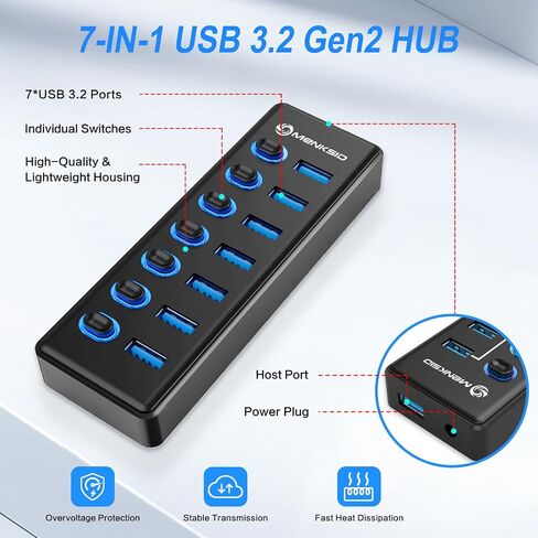 موزع USB 3.2 ذو 7 منافذ، موزع بيانات USB مع مفاتيح تشغيل/إيقاف فردية وأضواء، متوافق مع أجهزة الكمبيوتر المحمول والكمبيوتر الشخصي وMacBook وMac Pro وMac mini وiMac وSurface Pro والمزيد in Saudi Arabia