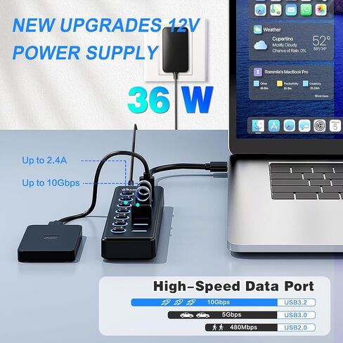 موزع USB 3.2 ذو 7 منافذ، موزع بيانات USB مع مفاتيح تشغيل/إيقاف فردية وأضواء، متوافق مع أجهزة الكمبيوتر المحمول والكمبيوتر الشخصي وMacBook وMac Pro وMac mini وiMac وSurface Pro والمزيد in Saudi Arabia