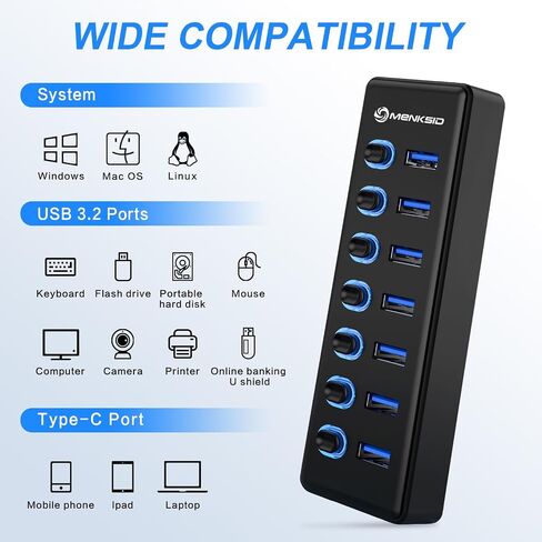 موزع USB 3.2 ذو 7 منافذ، موزع بيانات USB مع مفاتيح تشغيل/إيقاف فردية وأضواء، متوافق مع أجهزة الكمبيوتر المحمول والكمبيوتر الشخصي وMacBook وMac Pro وMac mini وiMac وSurface Pro والمزيد in Saudi Arabia