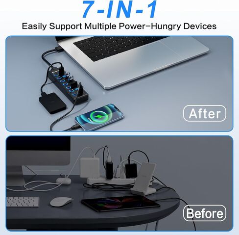 موزع USB 3.2 ذو 7 منافذ، موزع بيانات USB مع مفاتيح تشغيل/إيقاف فردية وأضواء، متوافق مع أجهزة الكمبيوتر المحمول والكمبيوتر الشخصي وMacBook وMac Pro وMac mini وiMac وSurface Pro والمزيد in Saudi Arabia