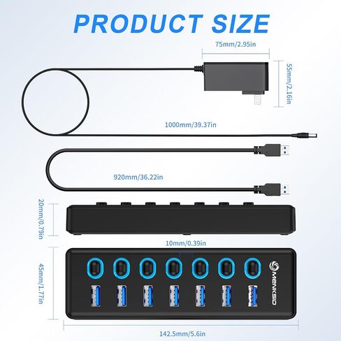 موزع USB 3.2 ذو 7 منافذ، موزع بيانات USB مع مفاتيح تشغيل/إيقاف فردية وأضواء، متوافق مع أجهزة الكمبيوتر المحمول والكمبيوتر الشخصي وMacBook وMac Pro وMac mini وiMac وSurface Pro والمزيد in Saudi Arabia