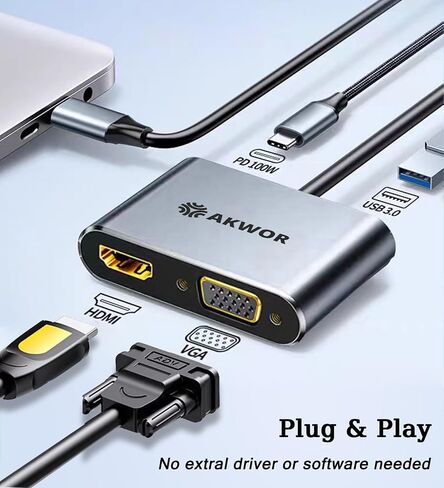 USB C to HDMI VGA Adapter for Dual Monitor, 4 in 1 USB C Hub with 4K HDMI, 1080P VGA, USB 3.0 5Gbps, 100W PD, Laptop Docking Station Compatible for MacBook Air/Pro, Dell XPS, Surface, iMac More in Saudi Arabia