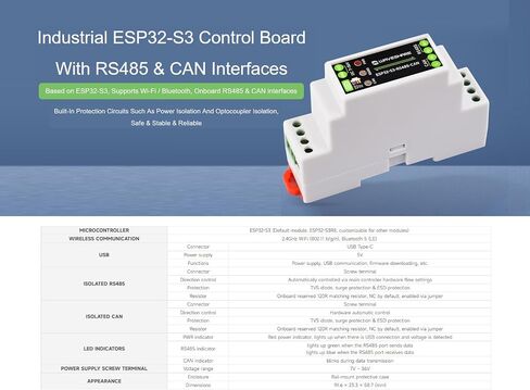 waveshare Industrial ESP32-S3 Control Board, Onboard RS485 and CAN Interfaces for Connecting External RS485 and CAN Devices, Support 2.4GHz Wi-Fi/Bluetooth 5, Built-in Multiple Protection Circuits in Saudi Arabia