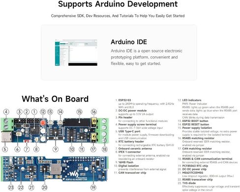 waveshare Industrial ESP32-S3 Control Board, Onboard RS485 and CAN Interfaces for Connecting External RS485 and CAN Devices, Support 2.4GHz Wi-Fi/Bluetooth 5, Built-in Multiple Protection Circuits in Saudi Arabia