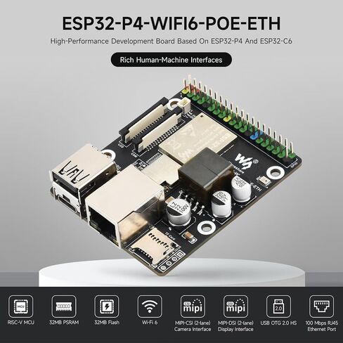 Waveshare ESP32-P4-WIFI6-POE-ETH High-Performance Development Board, Based On ESP32-P4 and ESP32-C6, Supports Wi-Fi 6 and BLT 5 (LE), PoE Module, Bundle with Speaker and Cables (5 Items) in Saudi Arabia