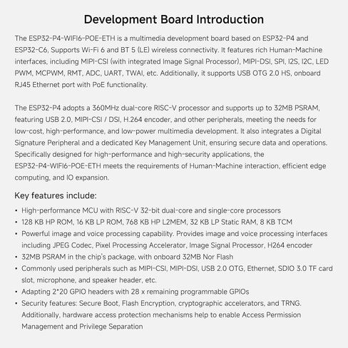 Waveshare ESP32-P4-WIFI6-POE-ETH High-Performance Development Board, Based On ESP32-P4 and ESP32-C6, Supports Wi-Fi 6 and BLT 5 (LE), PoE Module, Bundle with Speaker and Cables (5 Items) in Saudi Arabia