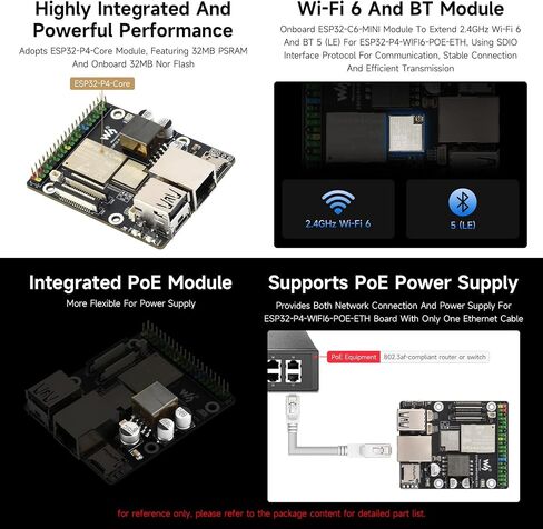 Waveshare ESP32-P4-WIFI6-POE-ETH High-Performance Development Board, Based On ESP32-P4 and ESP32-C6, Supports Wi-Fi 6 and BLT 5 (LE), PoE Module, Bundle with Speaker and Cables (5 Items) in Saudi Arabia