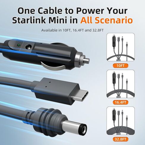 RVMARINEPAT Starlink Mini 3 in 1 Cable Power Cable 10FT/3M, 3-in-1 USB-C to DC Starlink Power Cord, Cigarette Charging Adapter Starlink Mini Accessories in Saudi Arabia