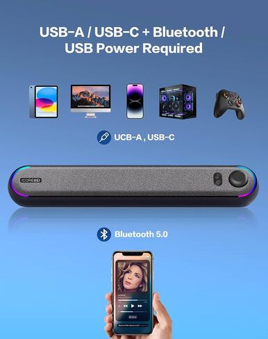 Desktop Computer Speakers, Stereo Soundbar, Bluetooth 5.3, USB/USB-C Power and Audio Transmission, Plug-and-Play, Compatible with PC, Mac, Laptops, Monitors, RGB Lighting, Wired Gaming Speakers in Saudi Arabia