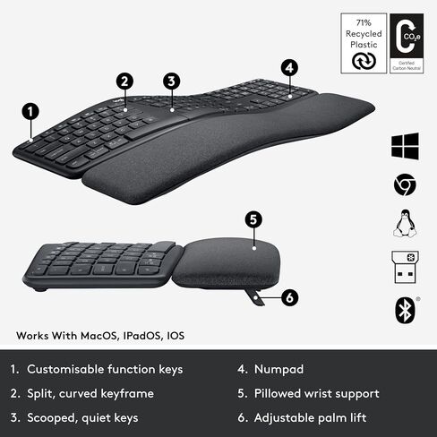 Logitech Ergo K860 Wireless Ergonomic Keyboard with Wrist Rest - Split Keyboard Layout for Windows/Mac, Bluetooth or USB Connectivity (Renewed) in Saudi Arabia