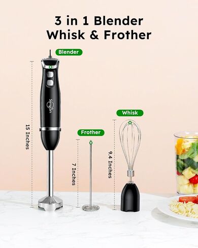 Sangcon Immersion Blender Handheld, 3-in-1 Hand Blender Electric, 400W Handheld Licuadora de mano, Stainless Steel Blade Stick Mixer with Whisk, Milk Frother Attachments Black in Saudi Arabia