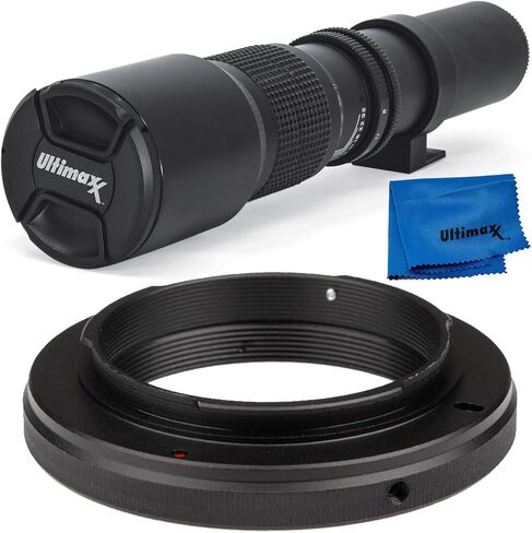 Ultimaxx 500mm f/8 Multi-Coated Preset Telephoto Lens Includes T-Mount Adapter for Canon EF Mount & Microfiber Cleaning Cloth - Compatible with SLR/DSLR Cameras in Saudi Arabia