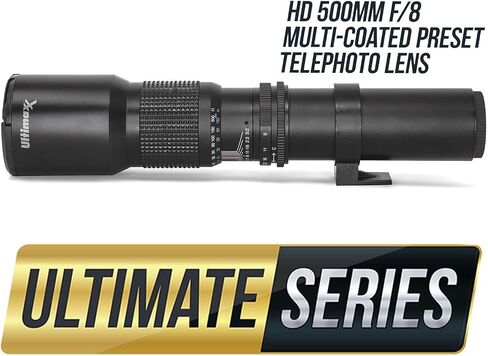 Ultimaxx 500mm f/8 Multi-Coated Preset Telephoto Lens Includes T-Mount Adapter for Canon EF Mount & Microfiber Cleaning Cloth - Compatible with SLR/DSLR Cameras in Saudi Arabia