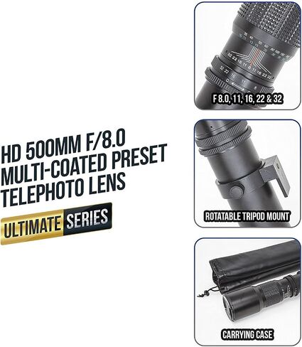 Ultimaxx 500mm f/8 Multi-Coated Preset Telephoto Lens Includes T-Mount Adapter for Canon EF Mount & Microfiber Cleaning Cloth - Compatible with SLR/DSLR Cameras in Saudi Arabia