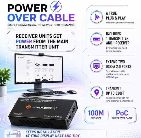 موسع USB عبر إيثرنت رقمي من J-Tech USB Balun Over cat5e cat6 99m/328ft PoC، تشغيل وتوصيل، لا حاجة إلى برنامج تشغيل، USB2.0 لجهاز التحكم في الألعاب، MAC والكمبيوتر الشخصي والأجهزة المدعومة [JTECH-BE100] in Saudi Arabia