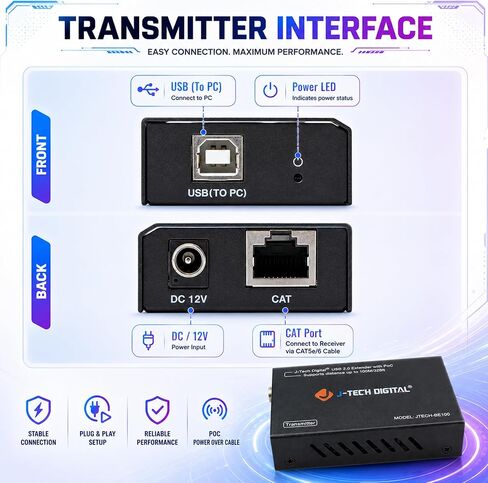 موسع USB عبر إيثرنت رقمي من J-Tech USB Balun Over cat5e cat6 99m/328ft PoC، تشغيل وتوصيل، لا حاجة إلى برنامج تشغيل، USB2.0 لجهاز التحكم في الألعاب، MAC والكمبيوتر الشخصي والأجهزة المدعومة [JTECH-BE100] in Saudi Arabia