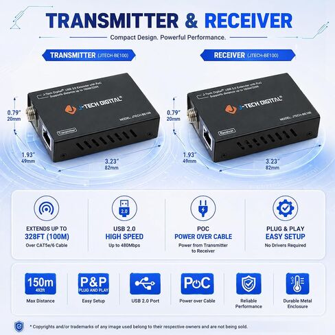 موسع USB عبر إيثرنت رقمي من J-Tech USB Balun Over cat5e cat6 99m/328ft PoC، تشغيل وتوصيل، لا حاجة إلى برنامج تشغيل، USB2.0 لجهاز التحكم في الألعاب، MAC والكمبيوتر الشخصي والأجهزة المدعومة [JTECH-BE100] in Saudi Arabia